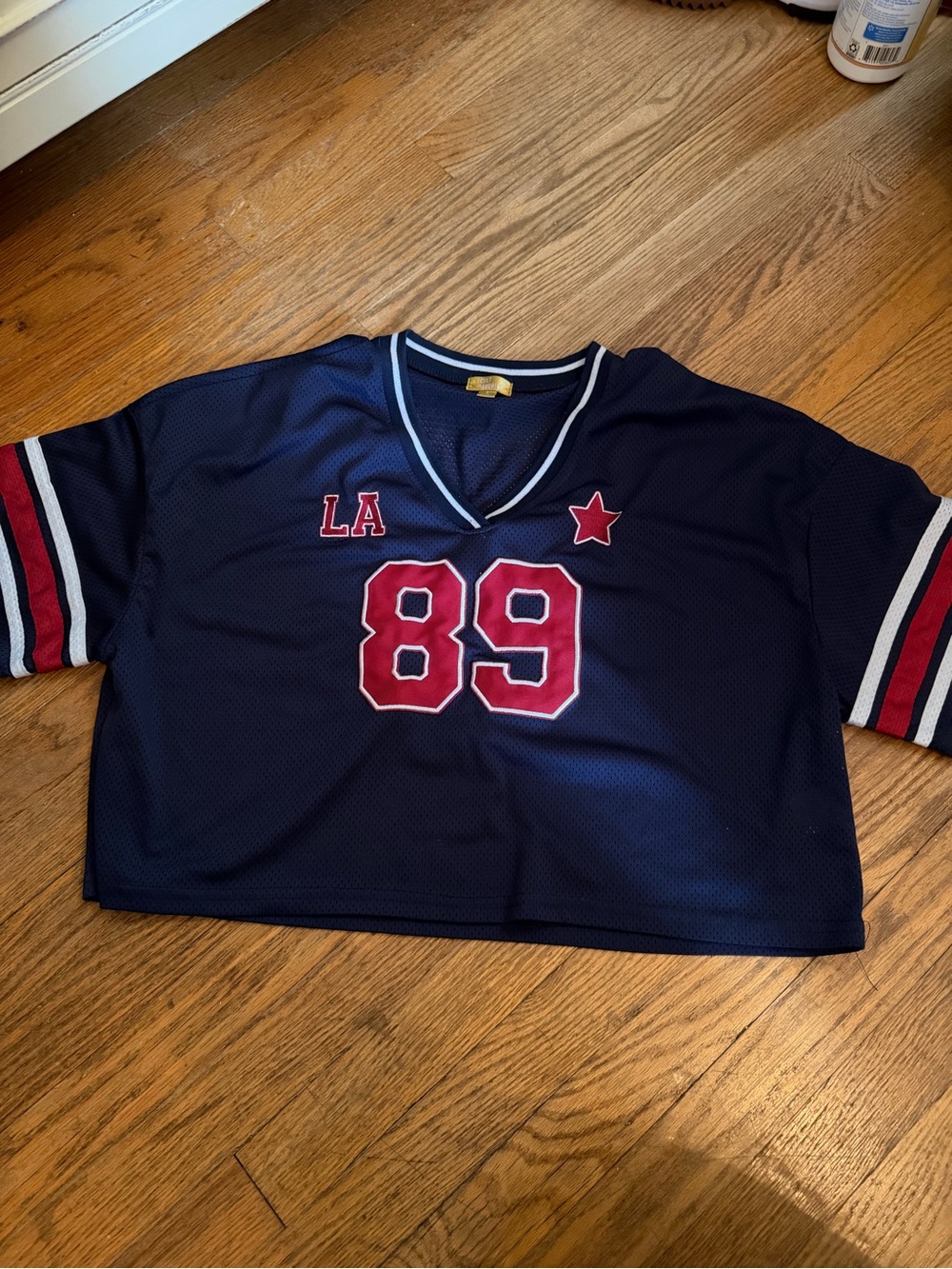 Navy Cropped Jersey Top with Red Accents